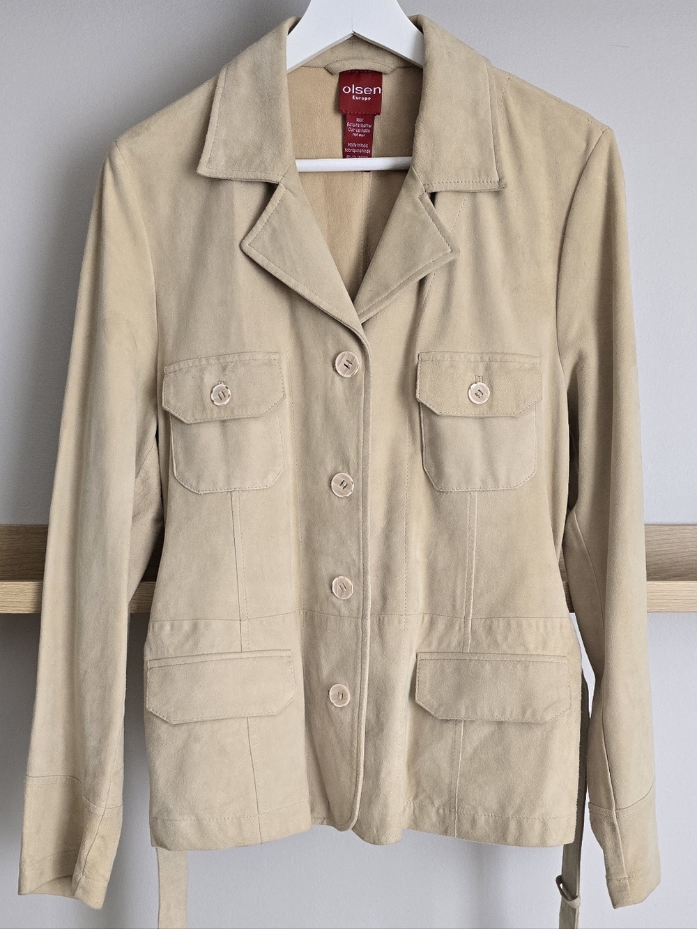 Beige Women's Leather Utility Jacket with Button Front